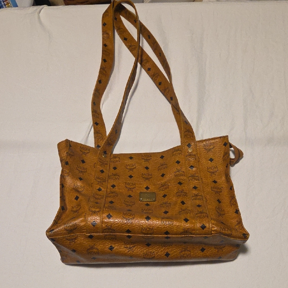 MCM Tan Leather Tote with Black Accents